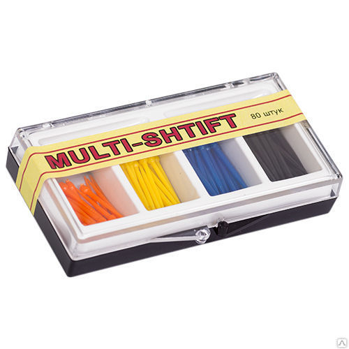 РуДент Multi-Shtift - штифты беззольные, асс. 1,2 мм, желтые, 1,5 мм, оранж., 1,6 мм, синие, 2 мм, черные (4*20 шт.)