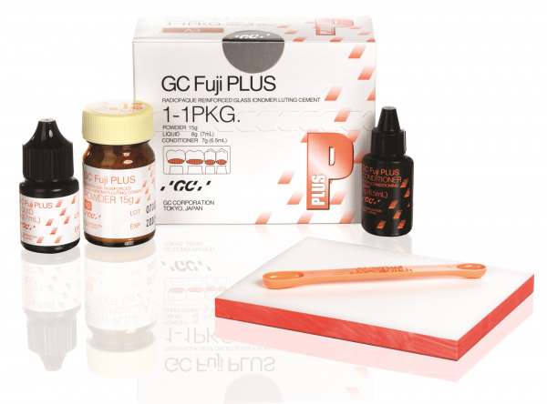 GC Fuji Plus 1-1 pkj А3 - стеклоиономерный цемент для постоянной фиксации (15 г + 6,5 мл + 7 мл)